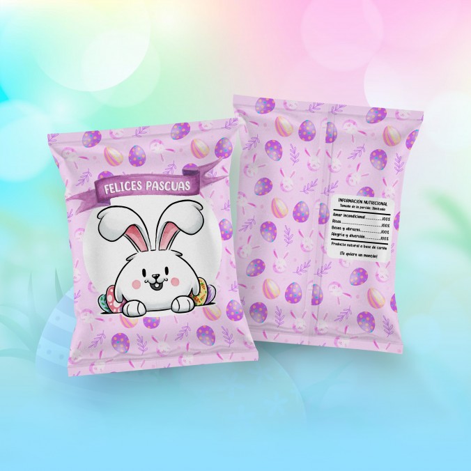 Bolsitas chip bag imprimibles con diseños de Felices Pascua creado por Lomas Sublimado